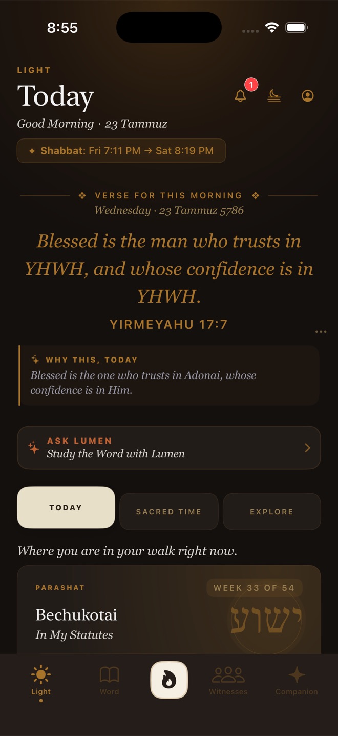 The Light page in the KodeshWay app — the daily rhythm