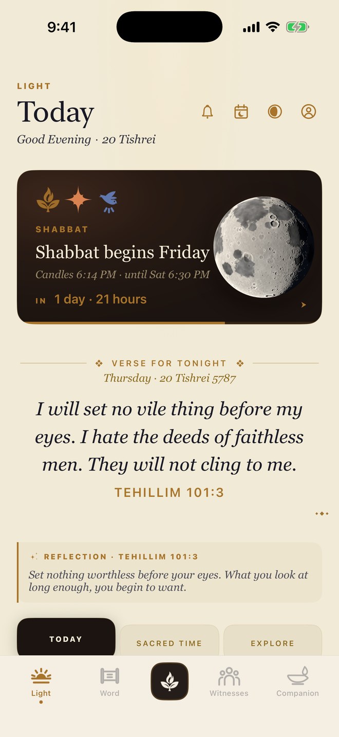 The Light page in the KodeshWay app — the daily rhythm