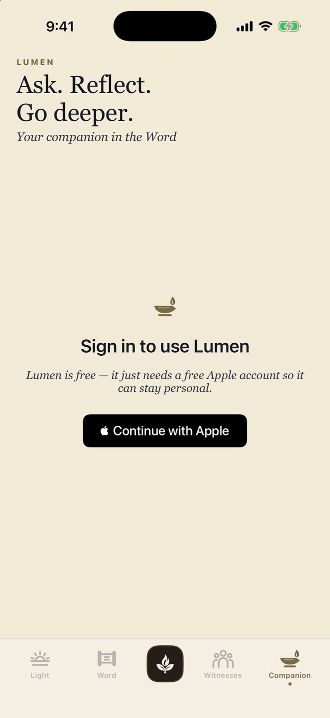 Lumen's screen in the KodeshWay app — its lamp, and the invitation to sign in