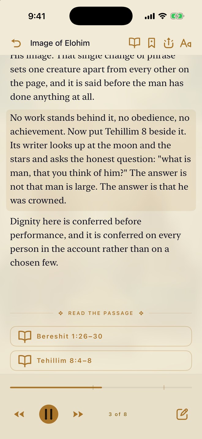 A Trinity lesson being narrated, with its passages as buttons