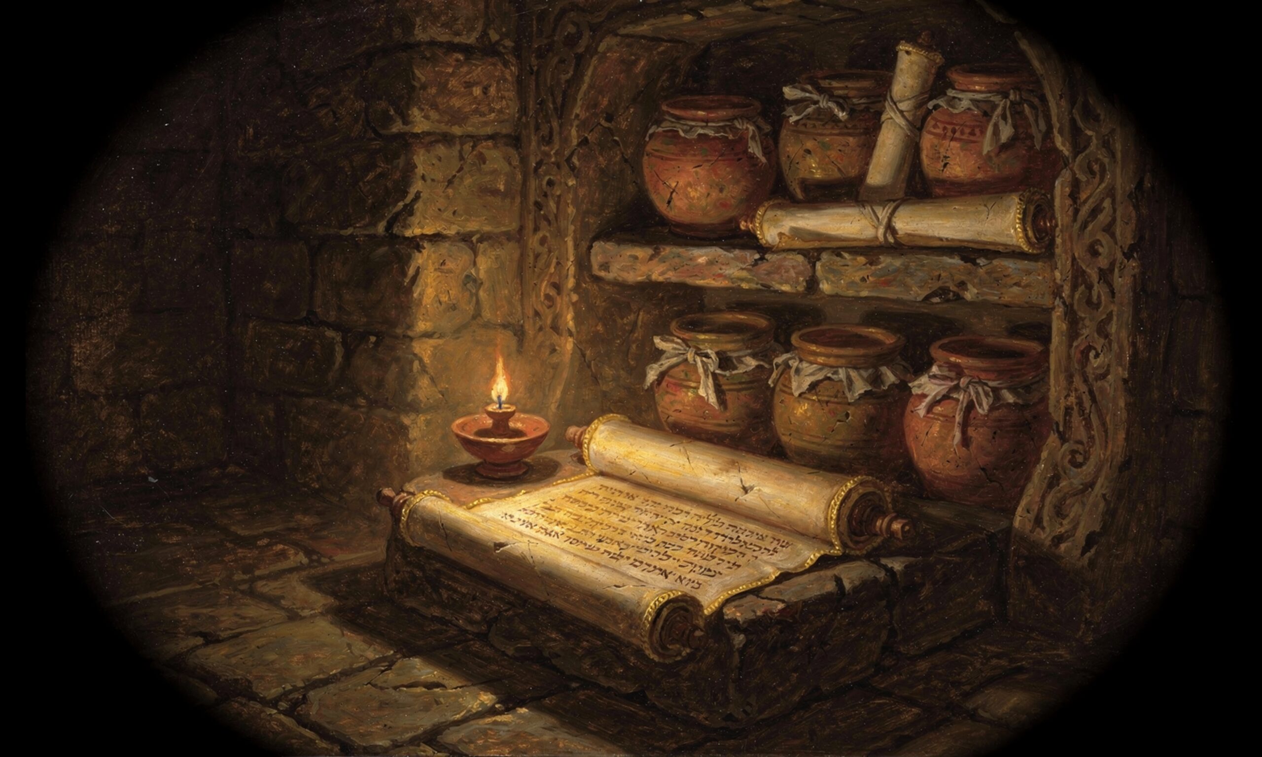 An ancient scroll unrolled on a scribal table, glowing in warm oil-lamp light — the living Word.
