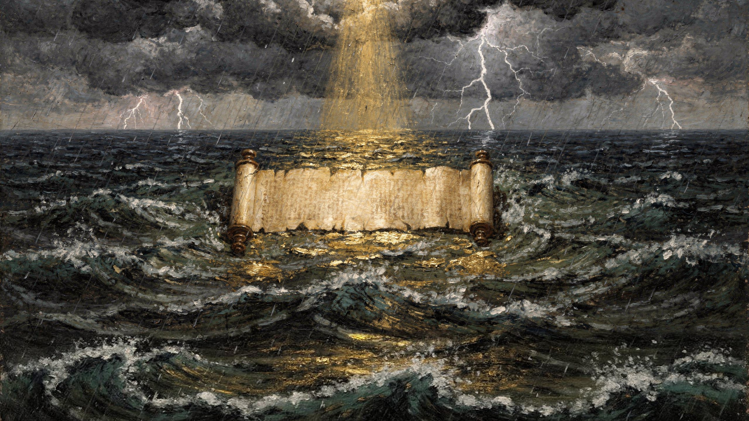 An ancient scroll lying open on a storm-dark sea in the rain, black thunder cloud over all the sky with lightning within it, one shaft of golden light falling onto the open scroll — the Living Word.