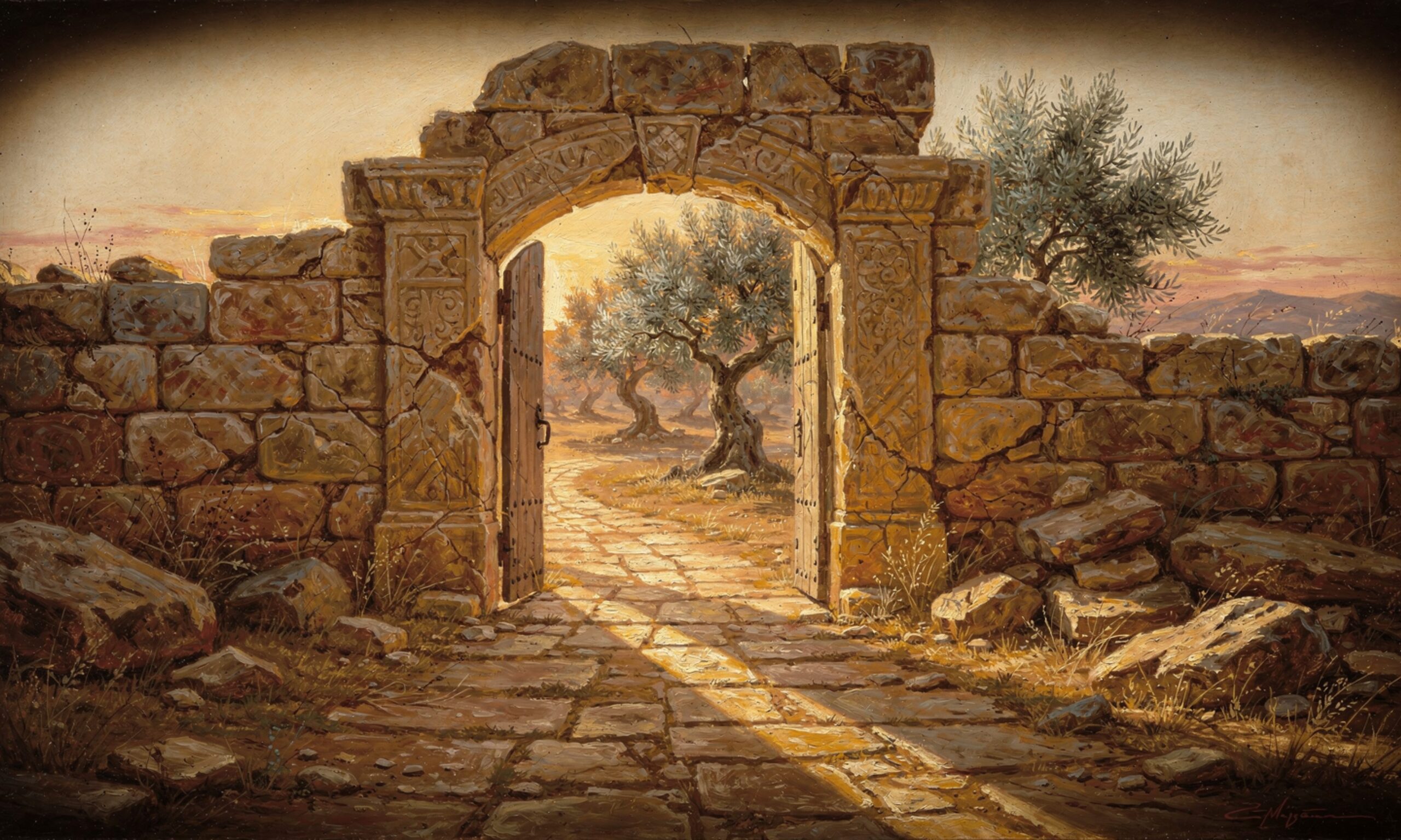 A stone gateway on an ancient path at dawn, golden light pouring through — the Way to the Father.