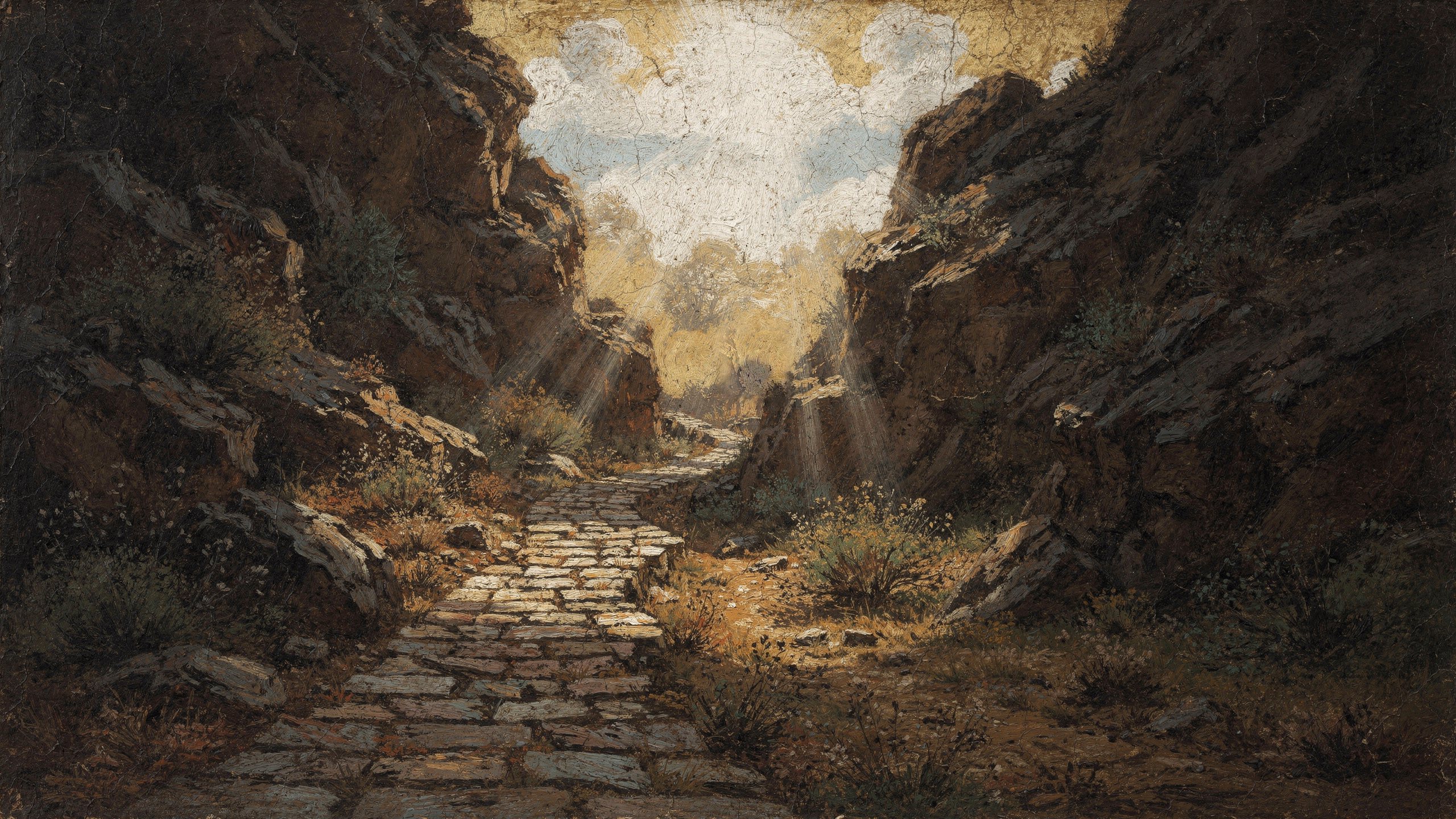 A narrow stone path climbing between dark cliffs towards a bright opening of sky, shafts of sunlight falling down the path — the narrow way into the light.