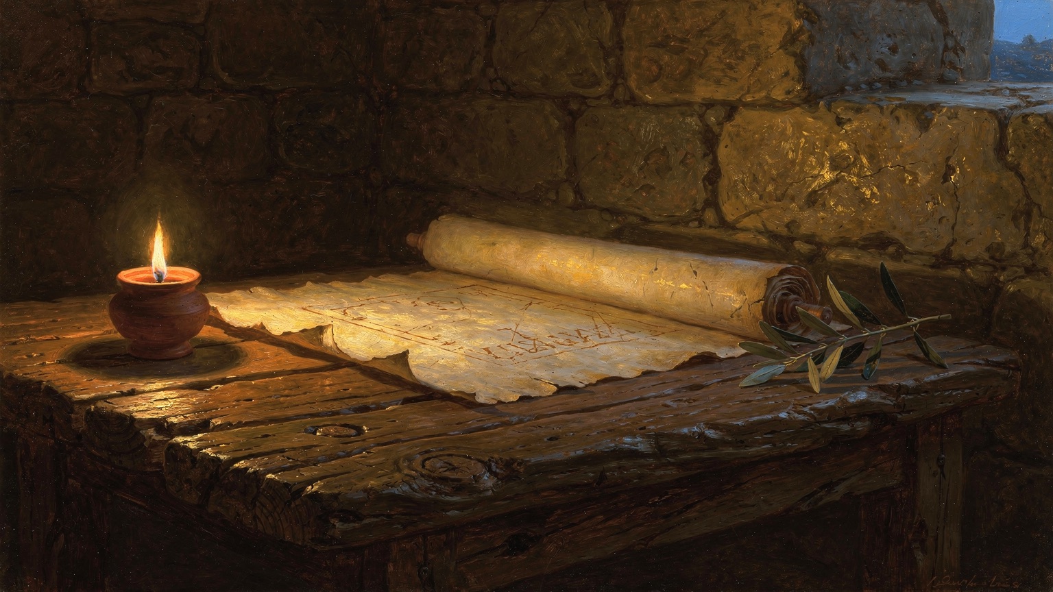An ancient scroll glowing with warm light beside a clay oil lamp and an olive sprig — the living Word.