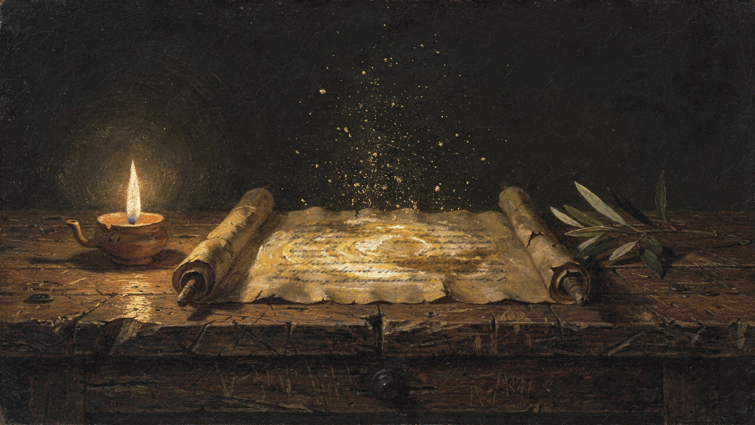 An ancient scroll unrolled on a wooden table, glowing from within, gold motes rising from it, a clay oil lamp burning beside it and an olive sprig — the living Word.